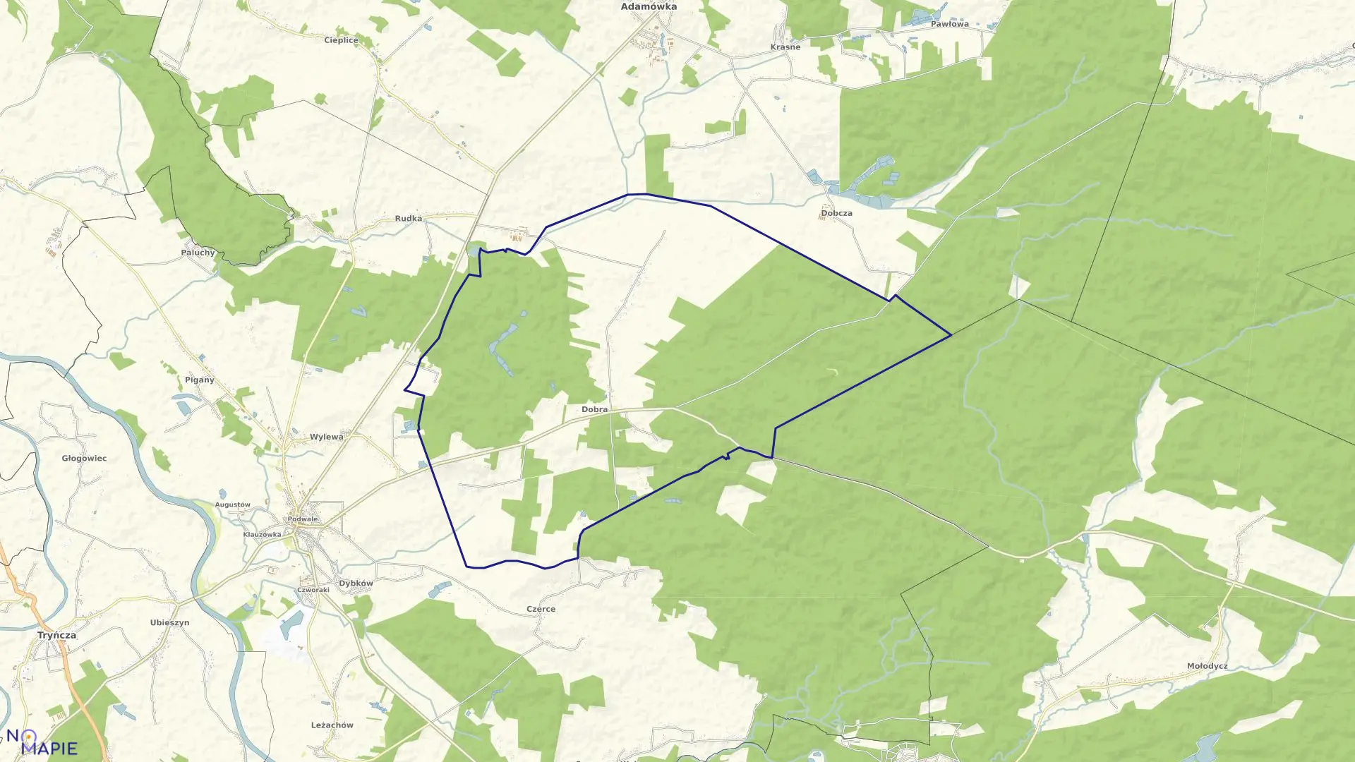 Mapa obrębu DOBRA w gminie Sieniawa