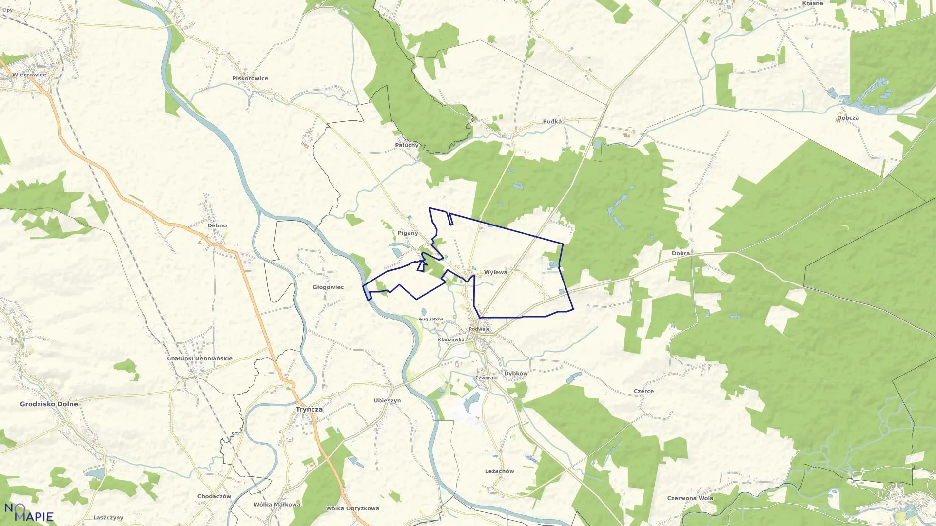 Mapa obrębu WYLEWA w gminie Sieniawa